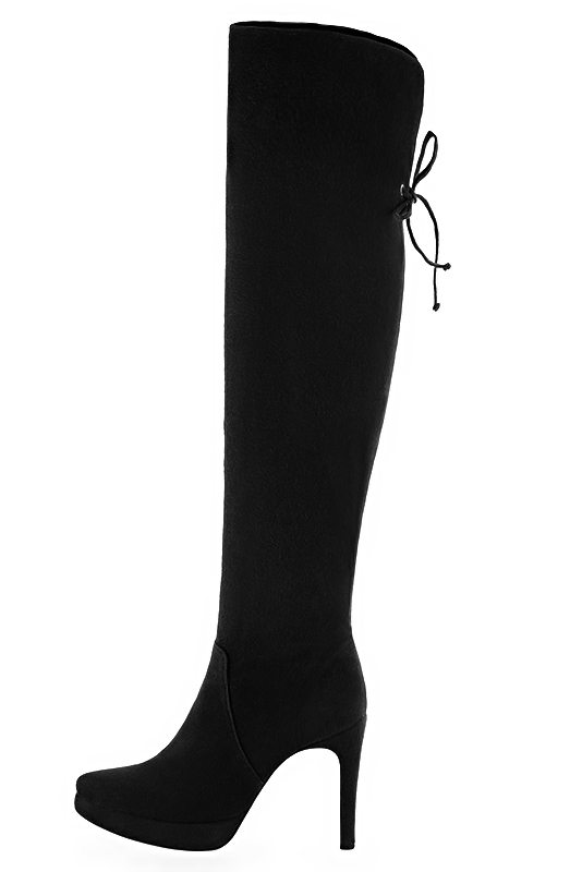 Matt black women's leather thigh-high boots. Tapered toe. Very high slim heel with a platform at the front. Made to measure. Profile view - Florence KOOIJMAN